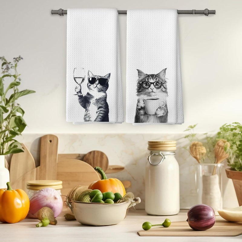 Mcehtle Funny Cat Kitchen Towels Set of 2, Funny Kitchen Decor, Coffee Station Wine Bar Decor, Black and White Cat Owner Gift Hand Towel, Dining Room Decorative Tea Towel Dish Towels 16x24 Inch - Image 4